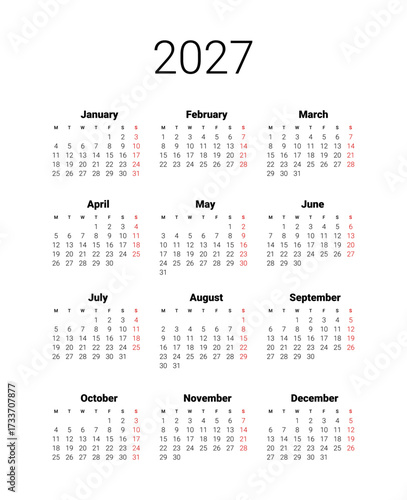 isolated background. English UK Vector template. 2027 calendar start from Monday. Full months for wall calendar