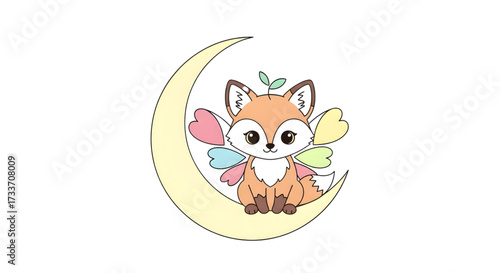 Adorable fox sitting on crescent moon with pastel wings, a charming design perfect for children's illustrations and whimsical projects, originally vector art