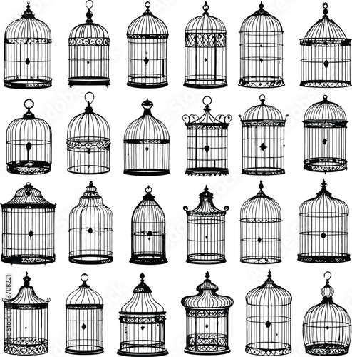 Birdcage Collection Vector Featuring 25 Unique Ornamental Designs in Grid Layout in Black and White Line Art Style