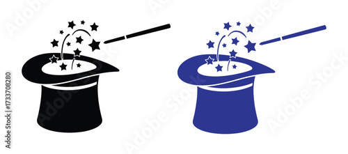 Vector art of magic hat with wand, featuring a classic magicians hat with stars emerging, symbolizing illusion, wonder, and entertainment, rendered in both black and blue for a whimsical effect