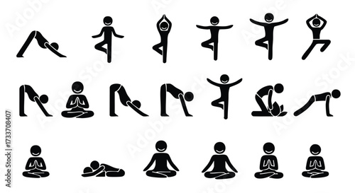 Black stick figures demonstrating various yoga poses, showcasing flexibility and balance.