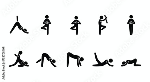 Stick figures demonstrate various yoga poses, illustrating different body positions and exercises.