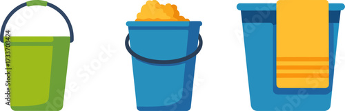 Variety of cleaning buckets in different colors filled with supplies