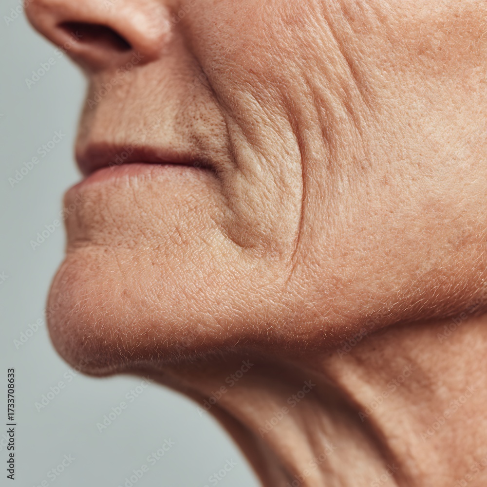 Obraz premium Focus on the chin of an elderly person, wrinkles and texture are clearly visible, white tone background.