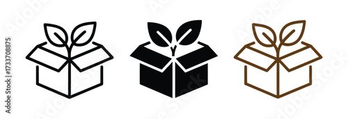 Vector art of three open box icons with plant, representing growth, sustainability, and ecofriendly practices in a minimalist and visually appealing design