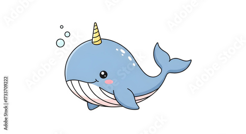 Adorable cartoon narwhal with unicorn horn floating playfully, perfect for children's books and cute designs that spark imagination and joy for kids