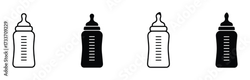 Baby bottle icon set. Feeding milk bottle with a nipple symbol. Editable stroke. Vector illustration.