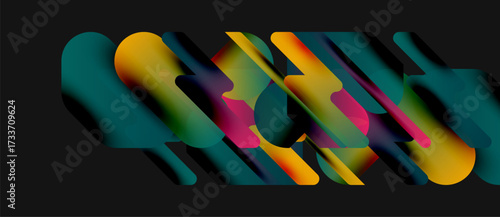Abstract shapes overlap, creating vibrant color blends. Smooth gradients suggest fluid movement, dark background emphasizes forms.