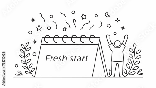 Line drawing of a calendar with the words fresh start and a person celebrating with confetti and stars above