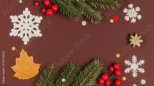 Wallpaper Mural Festive New Year background featuring snowflakes, berries, and autumn leaves for creative mockup designs Torontodigital.ca