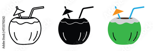 Tropical coconut drink with umbrella and straw line art and silhouette