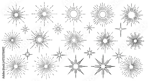 A collection of various stylized sunburst and starburst designs, radiating outwards from central points.