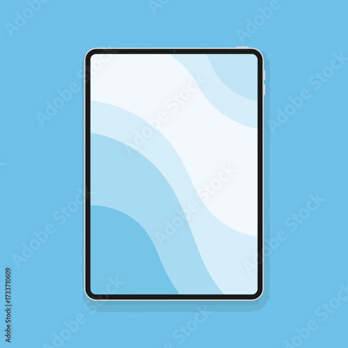 A digital tablet with a blank screen displaying a blue wavy pattern on a light blue background.
