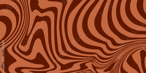 Retro coffee color background. Milk chocolate liquid dessert texture. Wavy swirl candy pattern for poster, cover, banner, pamphlet. Vintage brown trippy hippie wallpaper in 60s or 70s style.eps 10