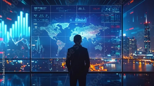 A Modern Professional Analyzing Global Data on a Digital Display in a Futuristic Setting