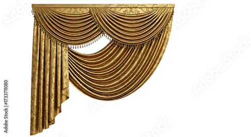 Luxurious golden draped window curtains with ornate swag