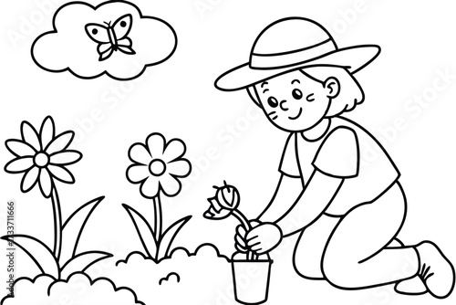 Joyful Boy Enjoying Gardening with Bright Flowers and Sun Line Art