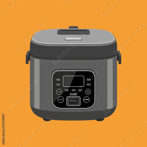 Vector illustration of a modern gray electric multi-cooker or rice cooker against a solid orange background.