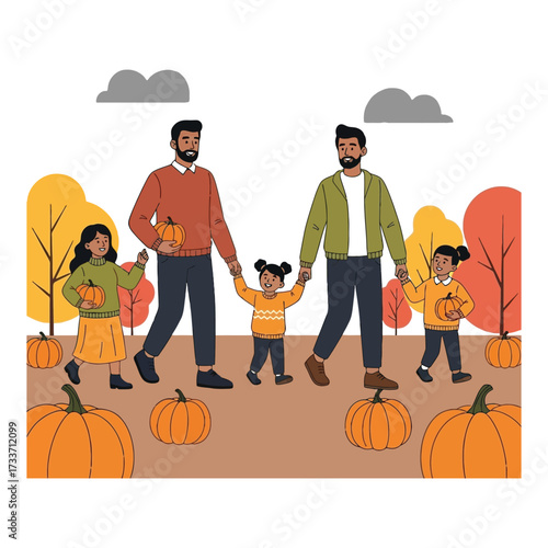 Happy family enjoys autumn pumpkin patch fun with parents and children