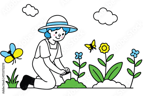 Joyful Boy Enjoying Gardening with Bright Flowers and Sun Line Art