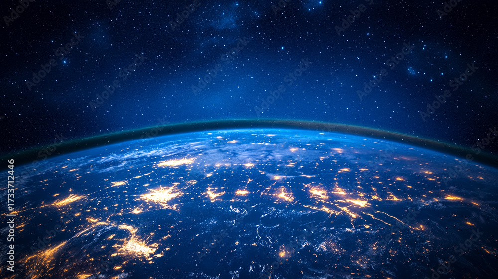 Fototapeta premium View from orbit showing planet Earth at night with glowing atmosphere city lights and cosmic space background symbolizing unity mystery and global connection.