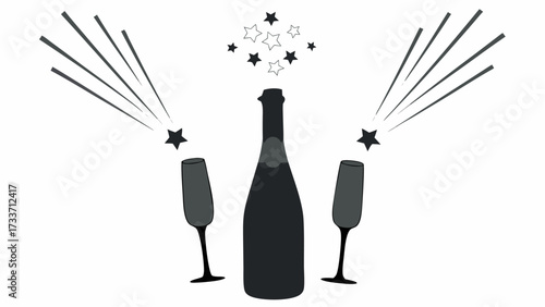 Illustration of a champagne bottle with two glasses and starbursts on a white background design element