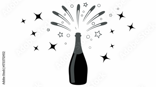 A black and white illustration of a champagne bottle popping with stars and burst elements around it