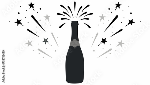 A champagne bottle popping with bursting fireworks and stars in a celebratory black and white illustration