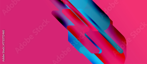 Abstract composition features vibrant blue, red hues over pink background. Shapes overlap, creating dynamic visual effect. Modern design.
