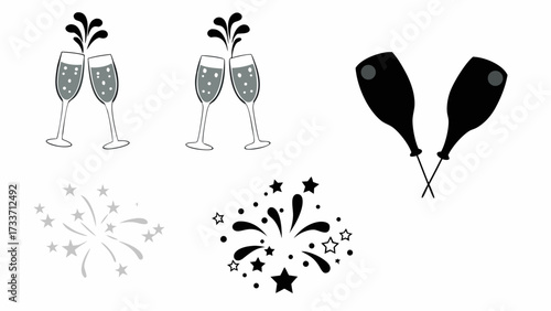 Illustration of champagne glasses toasting with fireworks and crossed champagne bottles on a white background