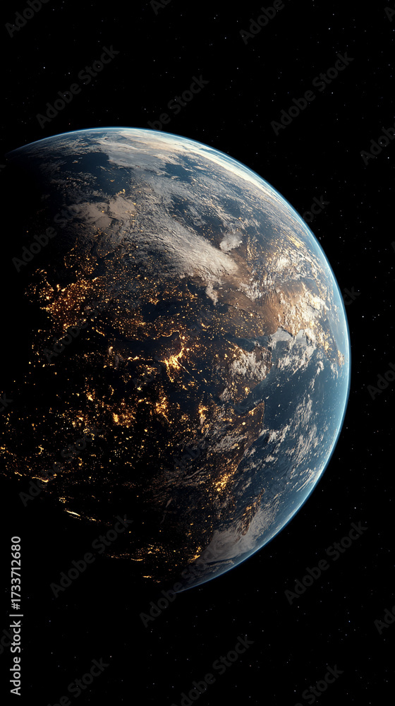Fototapeta premium View from orbit showing planet Earth at night with glowing atmosphere city lights and cosmic space background symbolizing unity mystery and global connection.