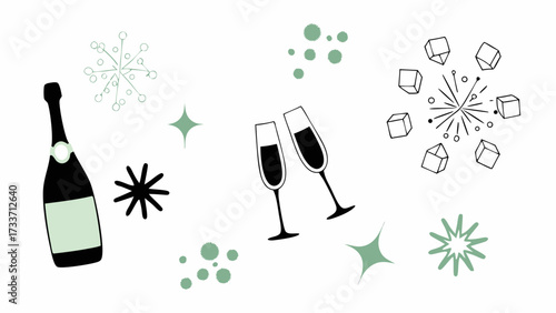 Festive celebration with champagne bottle glasses stars and abstract shapes creating a party atmosphere
