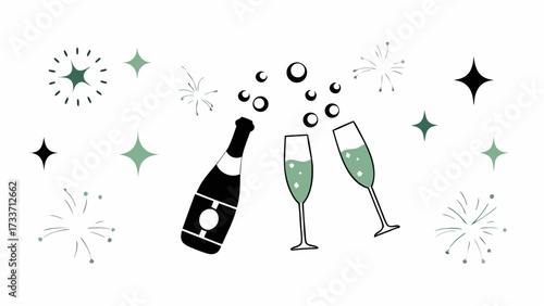 Celebratory scene of champagne bottle pouring into glasses with sparkling stars and bubbles around it