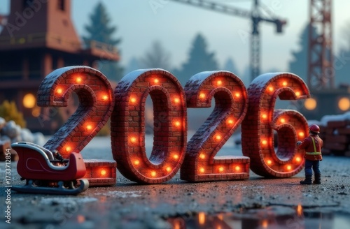 numbers 2026 made of brick, drawing	