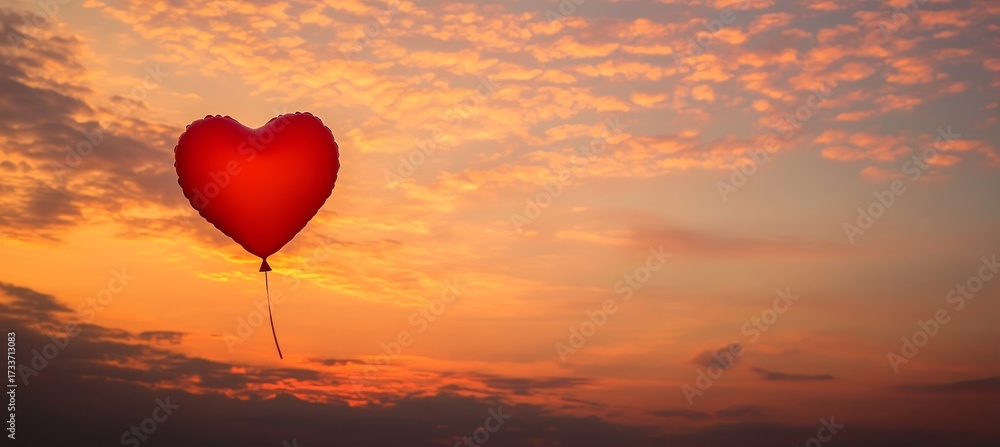 Fototapeta premium Heart-Shaped Balloon Floating in the Sky During a Beautiful Sunset, Symbolizing Love and Hope