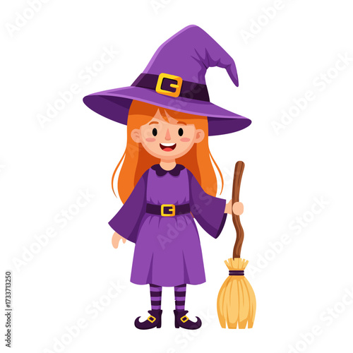 A cute cartoon girl with orange hair in a purple witch costume holding a broomstick for Halloween.