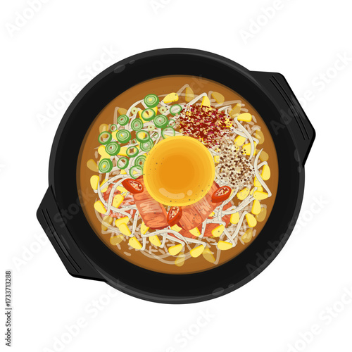 Vector Illustration Logo Clipart Top View Kongnamul Gukbap with yolk on a Ttukbaegi