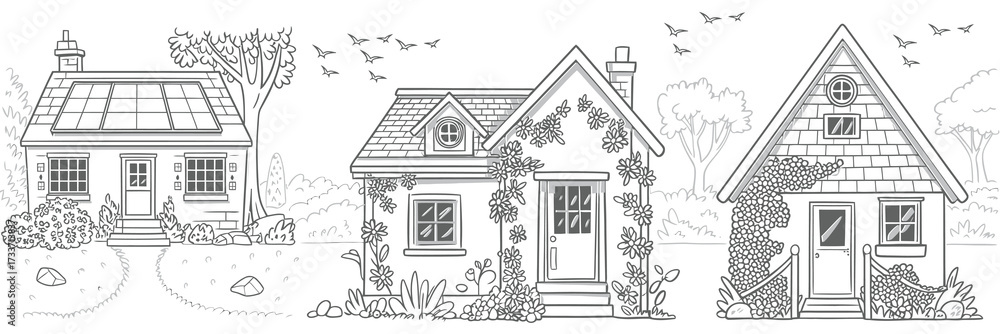 Obraz premium Set of Various Small Summer Houses — Vintage Monochrome Ink Sketch Vector Illustration Featuring Garden Background and Charming Rural Cottage Designs for Scenic Artwork
