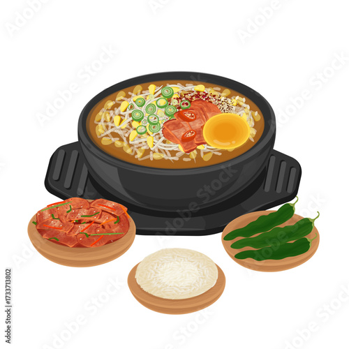 Vector Illustration Logo Clipart Kongnamul Gukbap on a Ttukbaegi with Kimchi and Rice 
