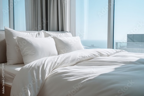 Bright Bedroom Retreat with Ocean View and White Bedding.