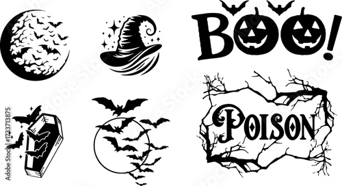 Spooky Halloween silhouettes featuring bats, witch's hat, coffin, poison sign, and the word "Boo!" in a scary pumpkin font, perfect for crafting projects