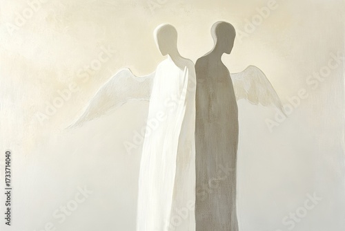 An abstract painting depicting two ethereal figures, one light and one dark, standing back-to-back with subtle wings, symbolizing duality and contrast.