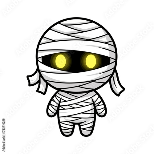 Cute cartoon mummy character with glowing yellow eyes wrapped in white bandages, standing against a white background.
