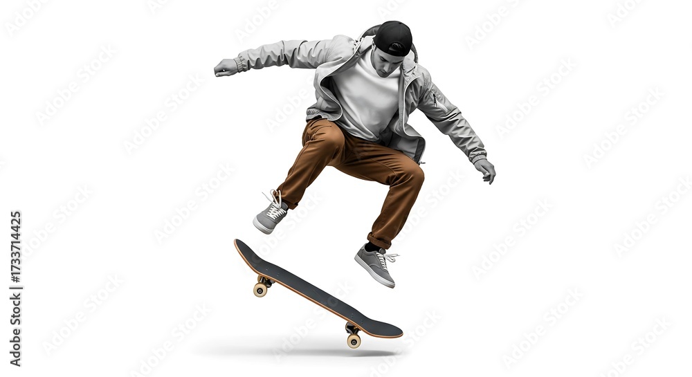 Fototapeta premium Skateboard Trick in Mid-Air – Minimalist Editorial on Motion & Skill