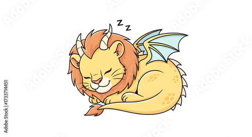 Adorable sleepy lion dragon cartoon character illustration for children's books, nursery decor, and cute animal designs, perfect for kids' projects