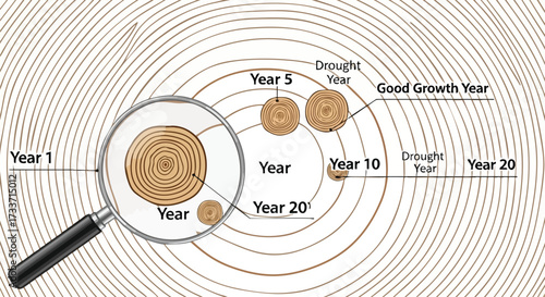 An illustration of tree rings with a magnifying glass, highlighting growth patterns over time, showing drought and good growth years.