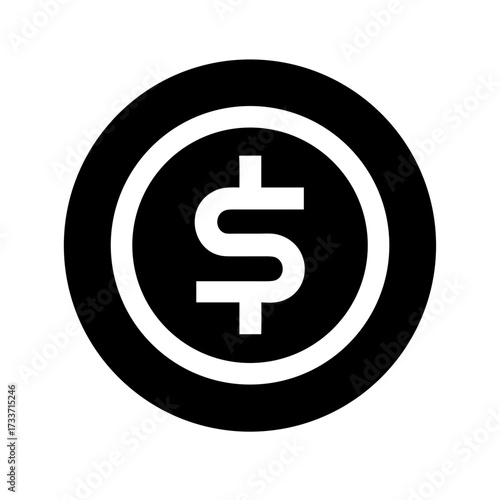 Minimalist black silhouette vector icon of a coin with a dollar sign inside, symbolizing money, finance, savings, and business investment. Isolated on a transparent background