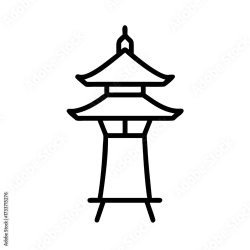 Minimalist black outline vector icon of a Japanese pagoda lantern (toro) with a multi-tiered roof, symbolizing Asian temple architecture, tradition, culture, and spirituality