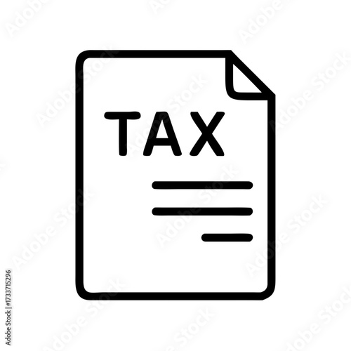 Minimalist black outline vector icon of a tax report document with text lines, symbolizing finance, accounting, business, and financial management. Isolated on a transparent background