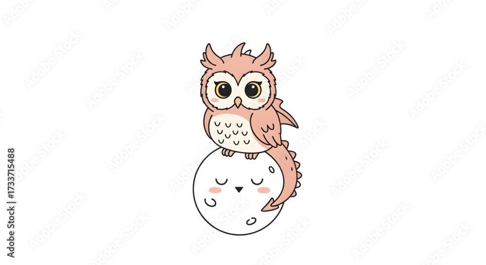 Fototapeta premium Dreamy owl dragon hybrid perched on a sleepy moon, whimsical fantasy art for children's books and nursery decor, cute fairytale animal illustration